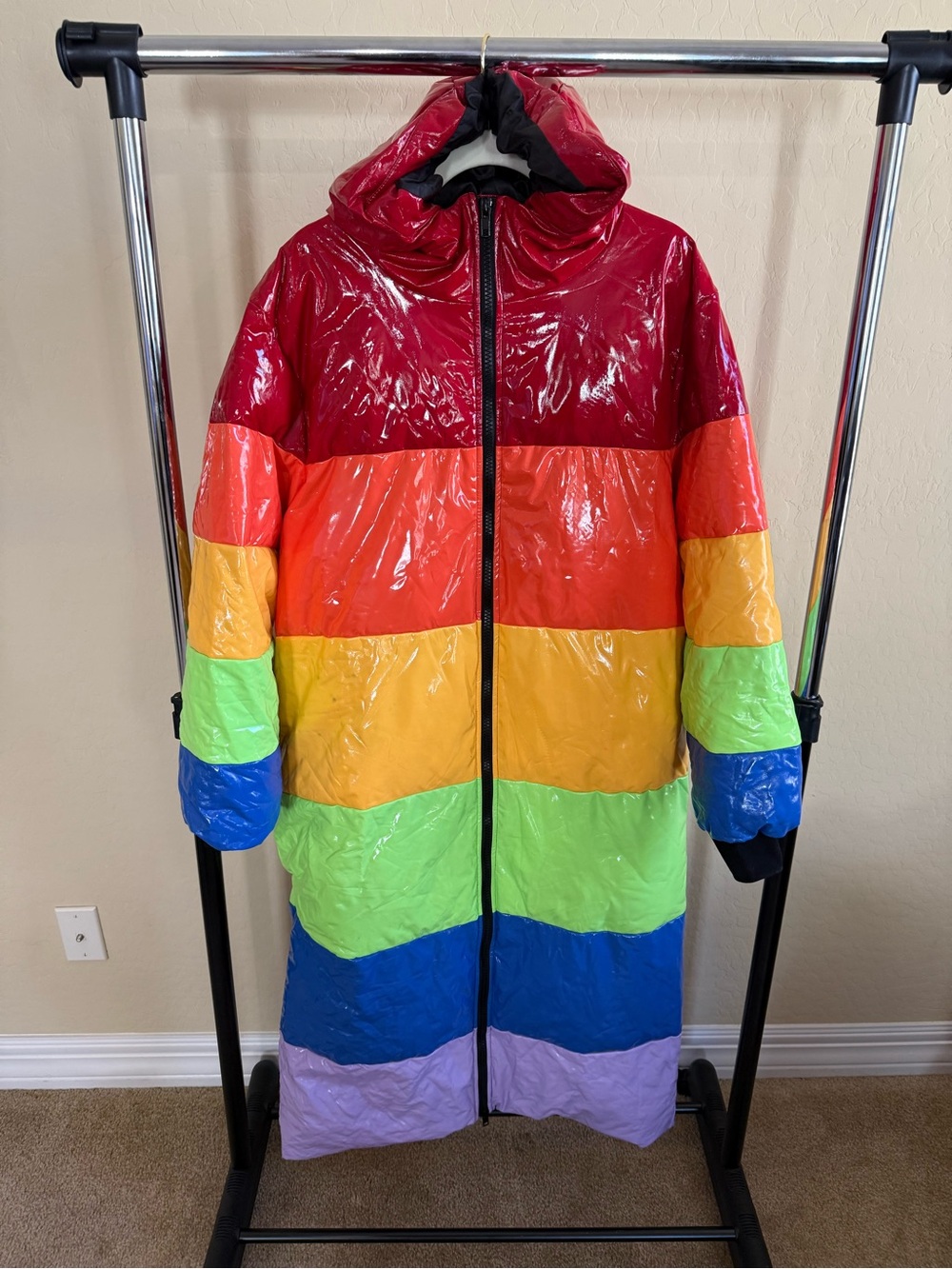 Dolls Kill Rainbow Striped Shiny Puffer Coat